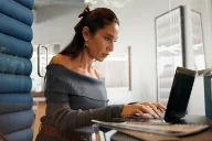 Woman working on laptop - part of multiframe pictures