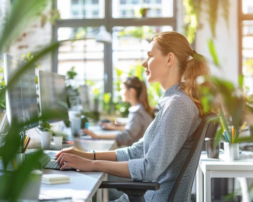 A woman sitting in a modern office environment with a lot of green plants, starting her continuous skilling Learning Journey