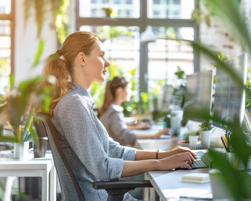 A woman sitting in a modern office environment with a lot of green plants, starting her continuous skilling Learning Journey